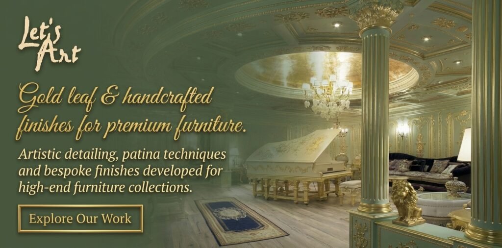 Gold leaf finishes & handcrafted furniture details for premium interiors